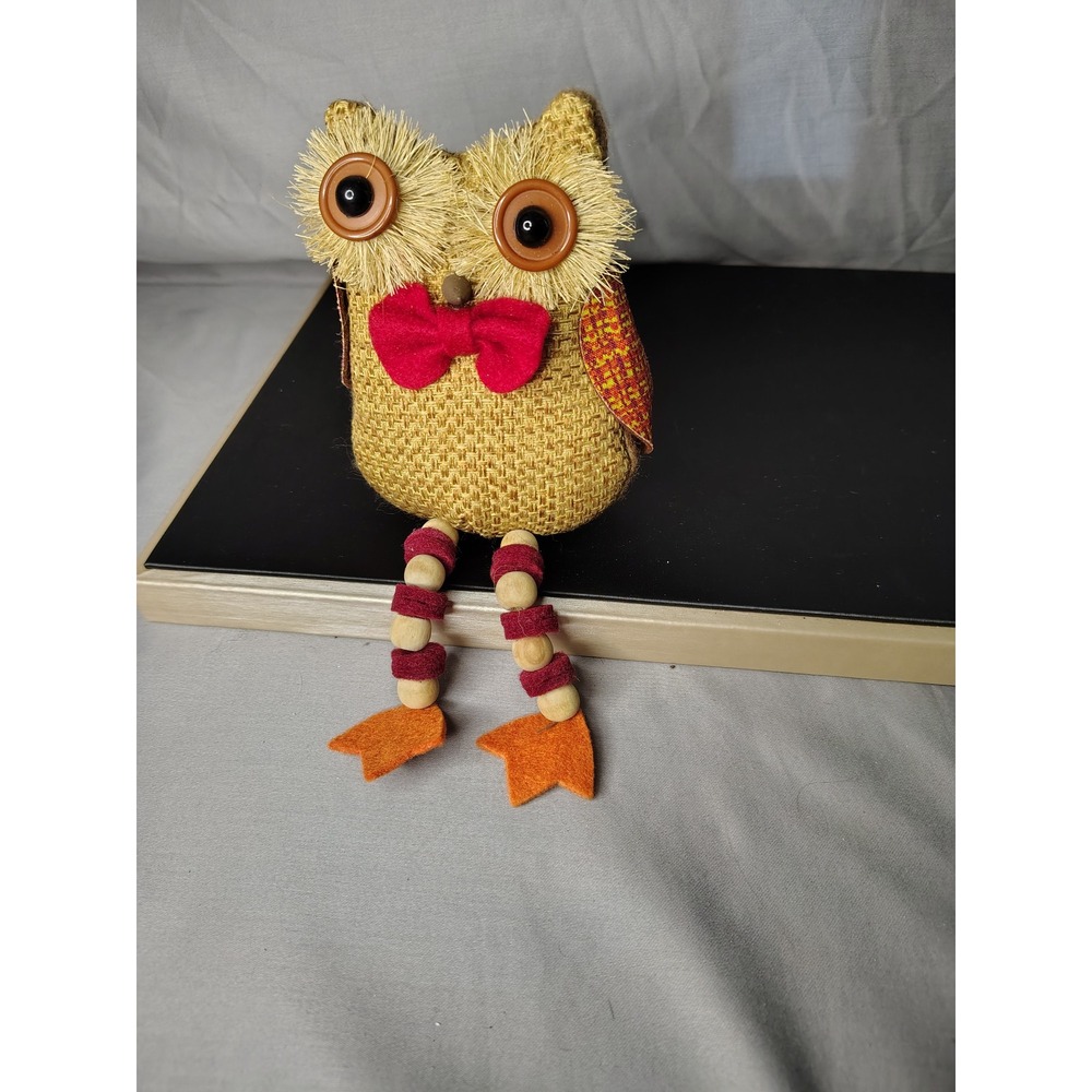 Rustic Burlap Owl Shelf Sitter Autumn Fall Decor Button Eyes Beaded Legs